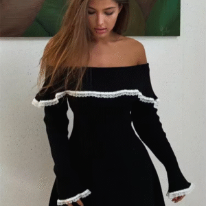 Knit Off-Shoulder Sweater Mini Dress Women's Lace Patchwork Ribbed Slim Backless Elegant Party Dress